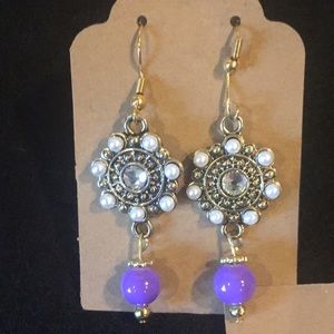 Purple, Pearl and Gold Dangle Earrings